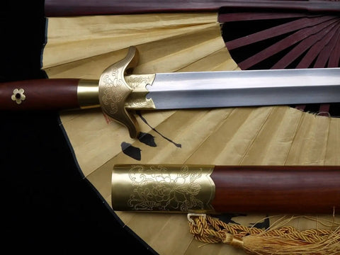 Flexible Tai Chi Sword Hand Forged Damascus Folded Steel Chinese Jian with Luxury Sandalwood Scabbard, detail view on fan