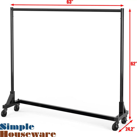 Industrial Grade Z Base Garment Rack With Beefy 500 Pound Capacity And 63 Inch Extra Long Bar Black Finish, featuring 360 degree swivel casters.