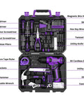 Purple 126-Piece Grab-And-Go Home Repair Tool Set With 8V Cordless Drill, LED Light, Storage Case, Lightweight 1.65 lb Mini Drill For Wood And Plastic, All-In-One DIY Kit For Quick Fixes And Everyday Projects.