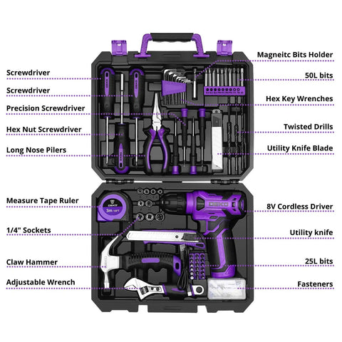 Purple 126-Piece Grab-And-Go Home Repair Tool Set With 8V Cordless Drill, LED Light, Storage Case, Lightweight 1.65 lb Mini Drill For Wood And Plastic, All-In-One DIY Kit For Quick Fixes And Everyday Projects.