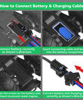 How to connect battery and charging cable for Remote Control Monster Truck Toy One To Sixteen Scale Waterproof All Terrain RC Car.