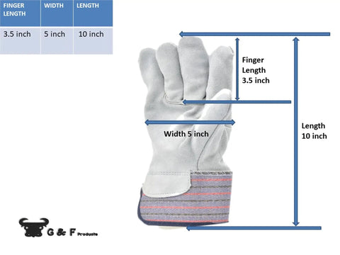 Cowhide Leather Work Gloves With Suede Finish Palm And Rubberized Safety Cuff showing glove dimensions of 3.5x5x10 inches