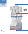 Heavy Duty Leather Palm Work Gloves 60 Pair Pack Cowhide With Suede Finish, size dimensions shown in inches, gray with pink cuff.