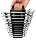 Hand holding Angle Head Open End Wrench Set With Holder, 11 Piece, sizes one quarter to three quarter inch, chrome vanadium steel