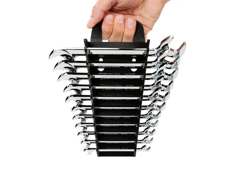 Hand holding Angle Head Open End Wrench Set With Holder, 11 Piece, sizes one quarter to three quarter inch, chrome vanadium steel