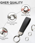 Premium Leather And Slick Carbon Fiber Keychain Featuring An Anti Lost D Ring With Two Extra Key Loops Made From Tough Zinc Alloy Hardware For Secure Daily Carry Or Glove Box Setup In Classic Black with metal spring clip and durable rings.
