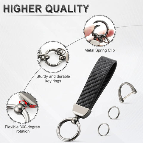 Premium Leather And Slick Carbon Fiber Keychain Featuring An Anti Lost D Ring With Two Extra Key Loops Made From Tough Zinc Alloy Hardware For Secure Daily Carry Or Glove Box Setup In Classic Black with metal spring clip and durable rings.