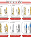 Image showing Self Drilling Drywall Anchors And Screws Kit For Easy Install With Five Size Metal Expansion Bolts For Drywall 220 Pcs Total Including 110 Sheetrock Anchors And 110 Screws No Drill Needed Finished In Gold And Silver, detailed sizes of screws and anchors with included screwdrivers.