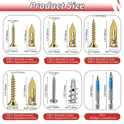 Image showing Self Drilling Drywall Anchors And Screws Kit For Easy Install With Five Size Metal Expansion Bolts For Drywall 220 Pcs Total Including 110 Sheetrock Anchors And 110 Screws No Drill Needed Finished In Gold And Silver, detailed sizes of screws and anchors with included screwdrivers.