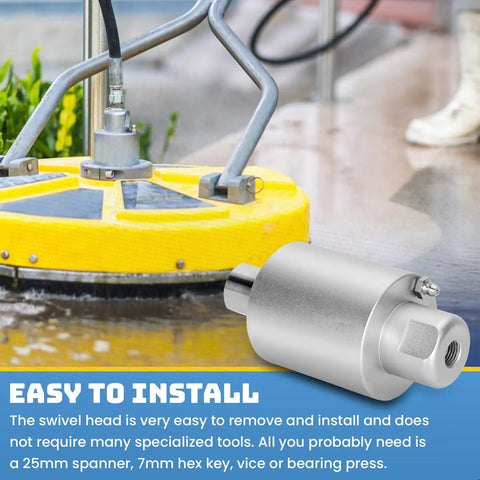 Rotary Swivel Head Replacement For BE Whirl-A-Way Surface Cleaners 16 To 24 Inch, shown installed on yellow surface cleaner