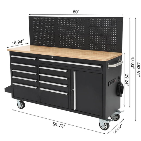 Heavy Duty Rolling Tool Chest And Mobile Workbench 61 Inch With 10 Drawers Solid Rubber Wood Top Built In Power Strip 1675 Lbs Capacity Black Garage Storage Cabinet.