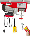 Electric hoist winch with wireless and wired remote, 880 lb capacity, red unit with pulley and hook
