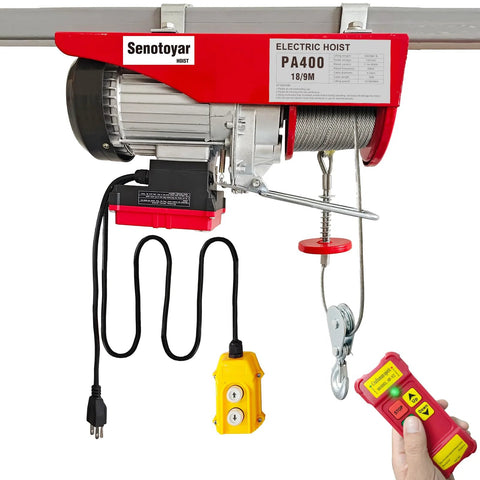 Electric hoist winch with wireless and wired remote, 880 lb capacity, red unit with pulley and hook