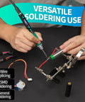 Person using Portable Soldering Iron Pen Kit With 65W PD QC Type C Power for splicing wires on circuit board setup.