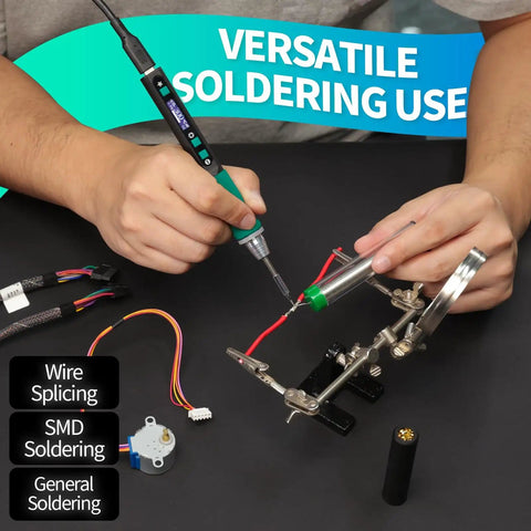 Person using Portable Soldering Iron Pen Kit With 65W PD QC Type C Power for splicing wires on circuit board setup.