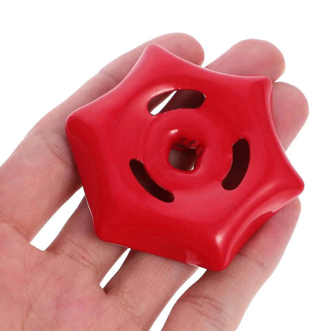 Red iron valve hand wheel with 6mm by 6mm square hole, shown in hand. Two Pack Iron Valve Hand Wheels With 6mm By 6mm Square Hole, Sturdy Grip