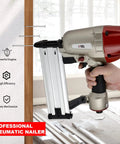 Powerhouse Heavy Duty 14 Gauge Concrete Nailer T Nail Gun Pneumatic Air Powered shown on textured wall application