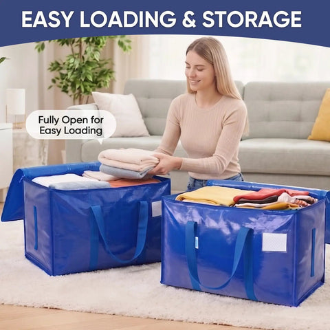 Woman packing clothes in Ultra Large Moving Bags With Heavy Duty Zippers And Sturdy Carry Handles Waterproof Storage Bags For Moving Closet Organization And Camping 16 Pack Blue.