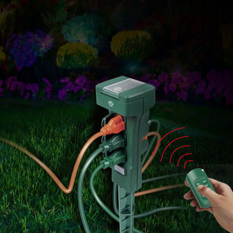 No Drama Outdoor Power Stake With Remote Control Photocell Timer And Dusk To Dawn Switch featuring six grounded outlets and remote.