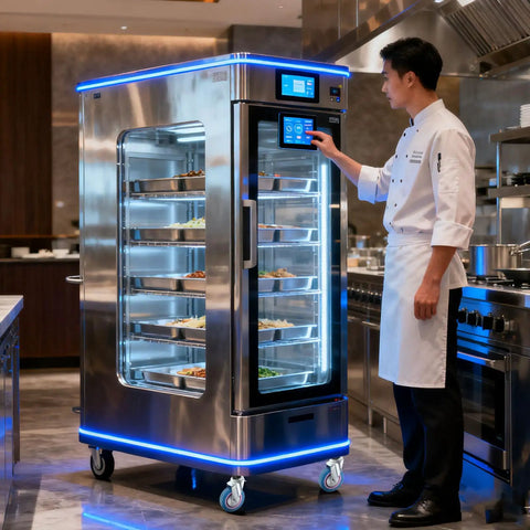 Commercial kitchen with a stainless steel trolley featuring 4 inch silent swivel trolley wheels built to haul heavy duty furniture casters.