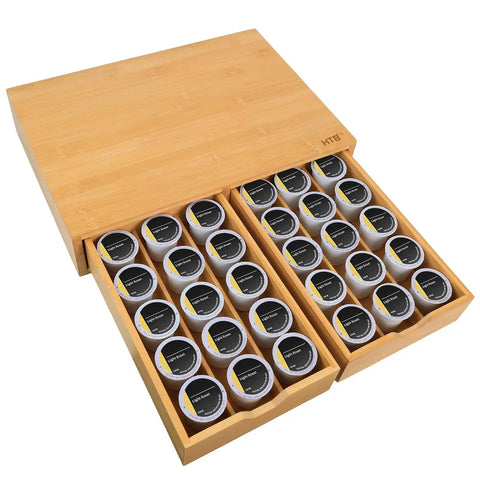 K Cup Pod Holder Drawer Organizer Bamboo Double Drawer Holds Up To 30 Pods Space Saving Coffee Capsule Storage top view