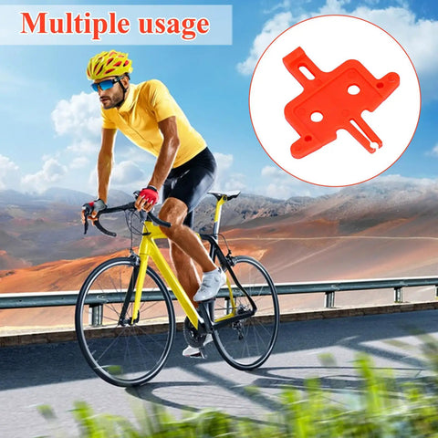 Cyclist on road with inset of 6 Piece Bike Disc Brake Spacer Set With Piston Reset And Pad Separation Tools
