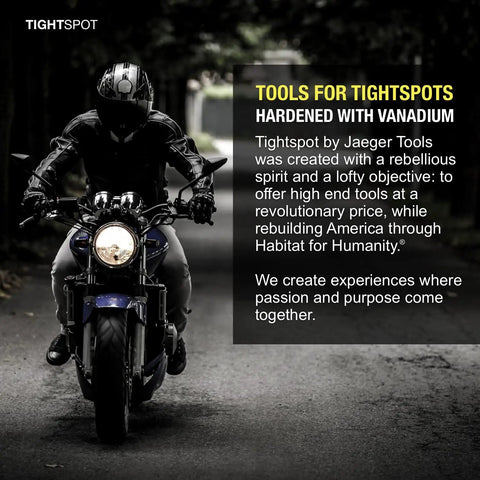 Motorcyclist riding a bike in dark alley, text highlighting Tightspot tools with vanadium, connection to Habitat for Humanity.