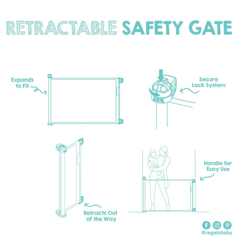 Diagram showing 50 Inch Wide Retractable Baby Gate For Doorways And Hallways, Mesh Safety Barrier For Babies Toddlers And Pets, with lock features