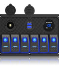 Waterproof 6 Gang Rocker Switch Panel For Boats And RVs With 12V/24V Power, 3.1A Dual USB Charger, illuminated blue LED toggles