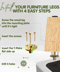 Installation guide for Four Point Five Inch Square Wood Furniture Legs Set Of Four With Adjustable Levelers, showing steps and components.