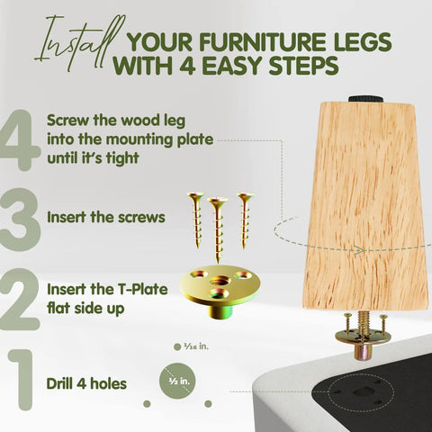 Installation guide for Four Point Five Inch Square Wood Furniture Legs Set Of Four With Adjustable Levelers, showing steps and components.