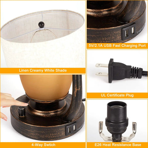 Collage showing details of Set Of 2 Farmhouse Table Lamps With Dual USB Charging Ports And 4 Way Rotary Switch, parts and cord.