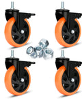 5-Inch Stem Caster Wheels With Brakes, Dual Locking Swivel Casters, 1500 Lbs Capacity, M12-1.75x25mm Threaded Stem, Heavy Duty Steel Body, Four Pack