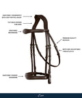 Side view of Anatomic English Bridle With Padded Fancy Leather And Rubber Reins Poll Relief Crownpiece For Show Jumping And Eventing Ergonomic Cutback Crown Stainless Steel Hardware Havana Brown highlighting ergonomic design and premium hardware.