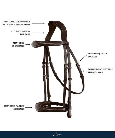 Side view of Anatomic English Bridle With Padded Fancy Leather And Rubber Reins Poll Relief Crownpiece For Show Jumping And Eventing Ergonomic Cutback Crown Stainless Steel Hardware Havana Brown highlighting ergonomic design and premium hardware.