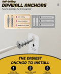 Illustration demonstrating self-drilling drywall anchors with easy installation guide and benefits overview.