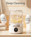 Pocket Sized Rechargeable Mini Washing Machine Wash Your Damp Threads With Ease For Gym Kits Socks Undies And Baby Rags Quick Travel Laundry Hack Compact Backpack Friendly Spin Cycle Fast Rinse Mode in a bathroom setting with visible water.