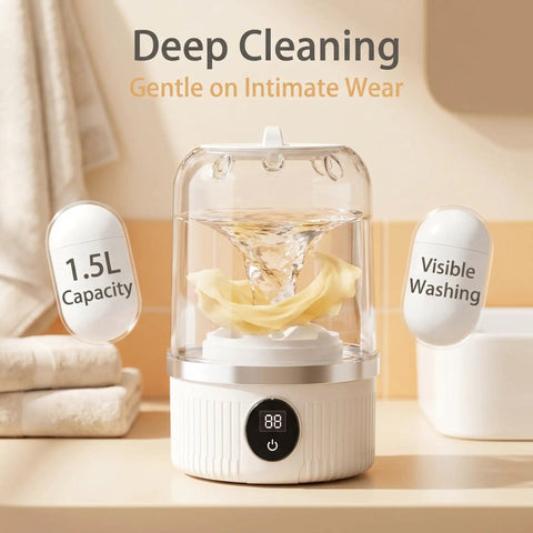 Pocket Sized Rechargeable Mini Washing Machine Wash Your Damp Threads With Ease For Gym Kits Socks Undies And Baby Rags Quick Travel Laundry Hack Compact Backpack Friendly Spin Cycle Fast Rinse Mode in a bathroom setting with visible water.
