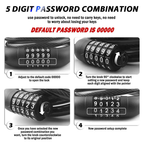4ft 5 Dial Resettable Bike Lock Cable With Quick Release Mount High Strength Anti Cut Security For Bikes Scooters And Motorcycles Set Your Own 5 Digit Combination For Easy Everyday Lockups setup guide image showing combination reset steps.