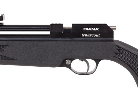 Trailscout CO2 Air Rifle.177 Caliber, 660 FPS Velocity, black textured grip handle and trigger close-up view
