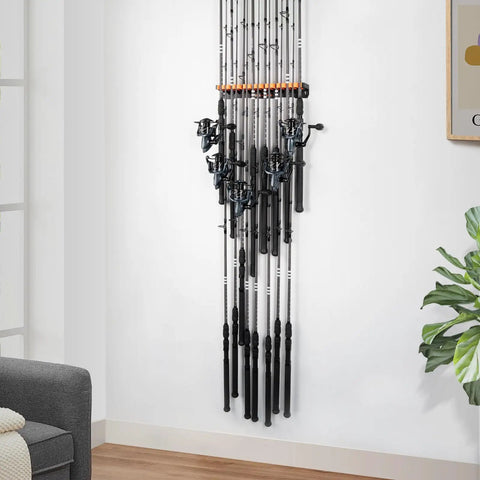Heavy Duty Vertical Fishing Rod Holder Wall Mounted Rack Hooks Up 15 Large Rods Or Rod And Reel Combos In Just 18 Inches Of Wall Space Holds Up To 33 Lbs Easy 3 Screw Install Perfect For Freshwater Or Saltwater Gear