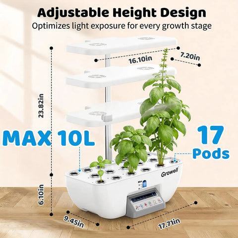 Indoor Hydroponics Growing System Kit With 17 Pod Garden featuring adjustable height and dual fan system on a wooden surface.