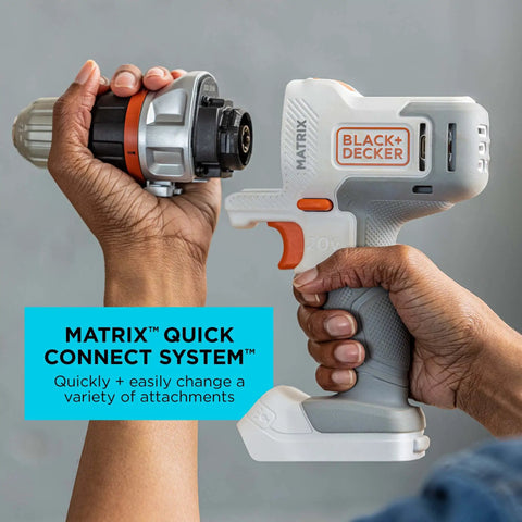 Matrix 20V Max Drill Kit with adjustable clutch being assembled using quick connect system in gray and orange.