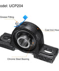 Close-up of UCP204 Pillow Block Bearing, 20mm bore with cast iron housing, chrome steel bearing, grease fitting, for heavy-duty machinery