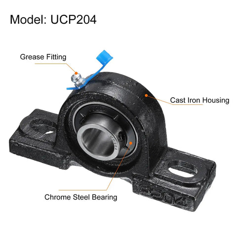Close-up of UCP204 Pillow Block Bearing, 20mm bore with cast iron housing, chrome steel bearing, grease fitting, for heavy-duty machinery