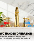Slick Polished Gold Brass Widespread Bathroom Faucet 3 Hole Mount With Dual Handles Ceramic Cartridge Includes Water Supply Lines Rust And Corrosion Resistant And Built To Last For Sink in marble sink with hot and cold indicators