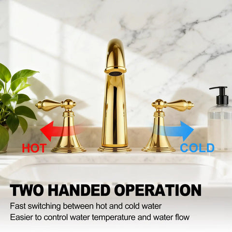 Slick Polished Gold Brass Widespread Bathroom Faucet 3 Hole Mount With Dual Handles Ceramic Cartridge Includes Water Supply Lines Rust And Corrosion Resistant And Built To Last For Sink in marble sink with hot and cold indicators