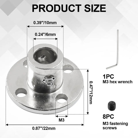 Four 6mm Flange Shaft Couplings With Set Screws And Wrench, showing dimensions and included hex wrench and screws for RC cars and CNC projects.