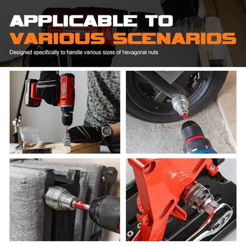 Adjustable Universal Socket Wrench With Three Eighths Inch Drive, Multi Function Drill Bit Adapter In Various Use Scenarios