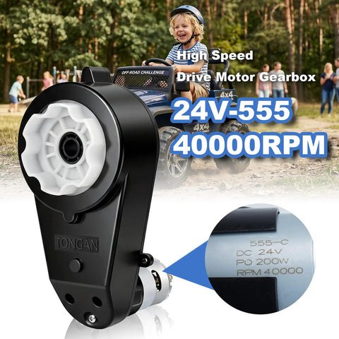 Two Pack 24V RS555 40000RPM high speed ride on motor with gearbox in playground setting with child in toy car